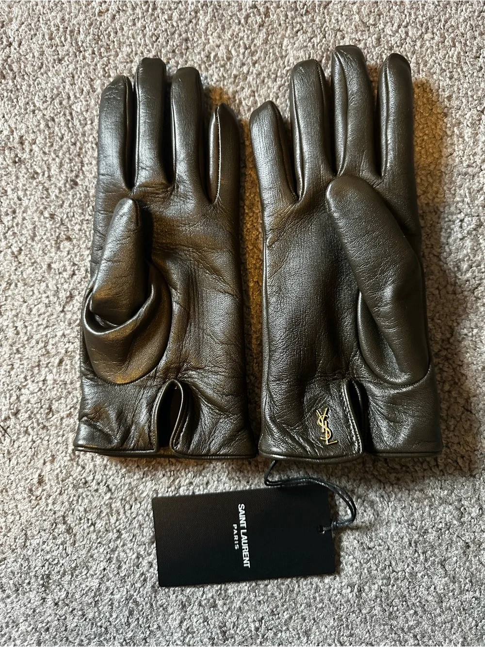 Saint Laurent Brown Leather Logo-Tab Gloves